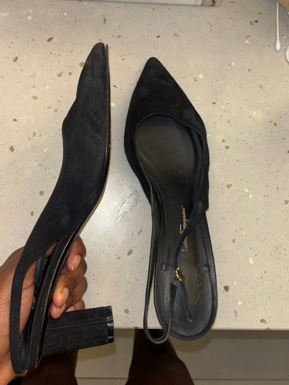Salvatore Ferragamo Black Suede Pointed Slingback Flats